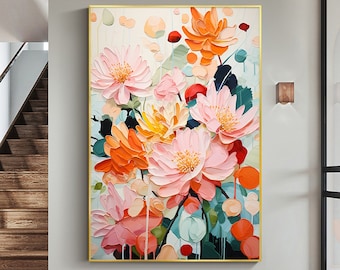 Pintura al óleo de flores minimalistas sobre lienzo, arte de pared grande abstracto original rosa paisaje floral arte pintura personalizada decoración moderna de la sala de estar