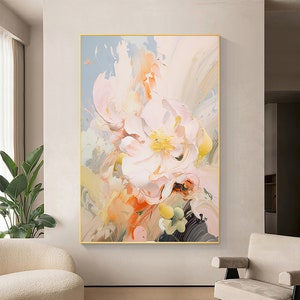 Minimalist Pink Flower Oil Painting on Canvas,Large Wall Art Abstract Original Floral Landscape Art Custom Painting Modern Living Room Decor