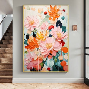 Minimalist Flower Oil Painting on Canvas,Large Wall Art Abstract Original Pink Floral Landscape Art Custom Painting Modern Living Room Decor