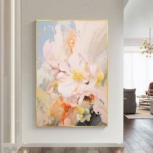 Minimalist Pink Flower Oil Painting on Canvas,Large Wall Art Abstract Original Floral Landscape Art Custom Painting Modern Living Room Decor