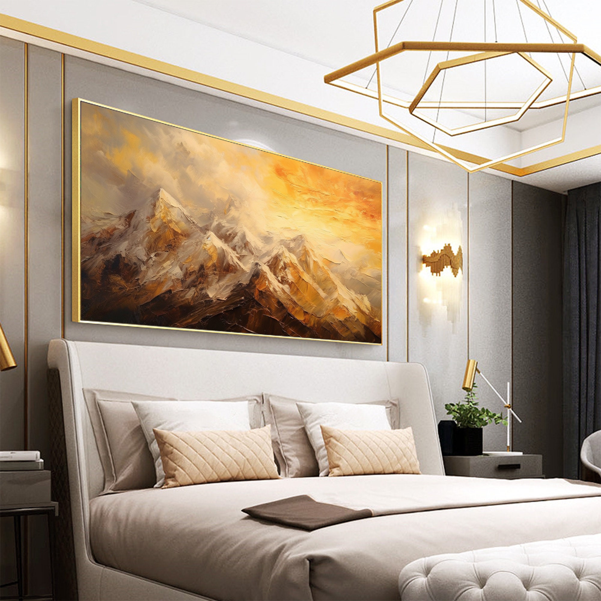 Abstract Golden Mountain Oil Painting on Canvas, Large Wall Art ...