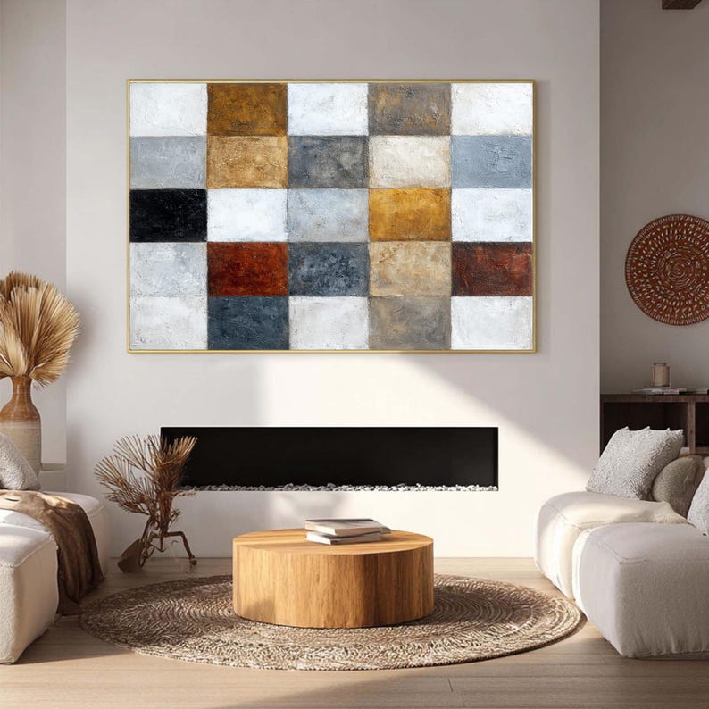 Textured Geometric Art, Large Abstract Painting on Canvas, Neutral Earth Tone Decor, Checkerboard Wall Art for Living Room, Modern Office Art