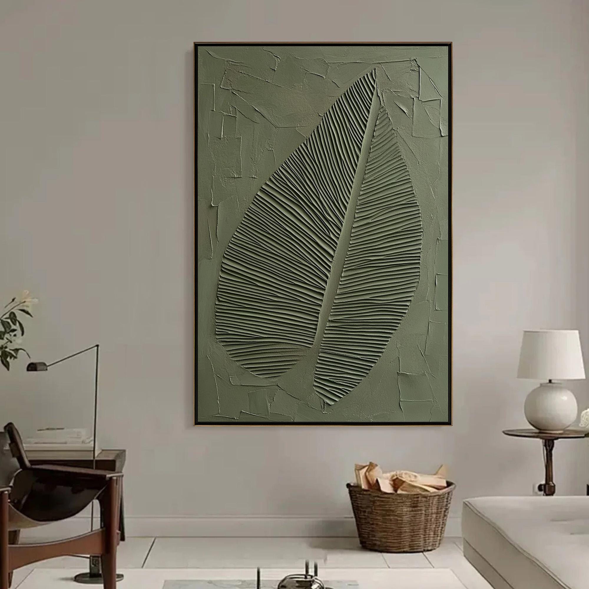 Abstract Sage Green Textured Wall Art, 3D Minimalist Leaf Painting ...