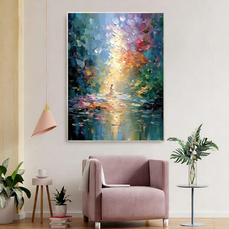 Impasto Forest Meditation Oil Painting, Golden Sunbeam Canvas Art, Spiritual Nature Scene, Textured Oil Paint, Modern Landscape Wall Decor