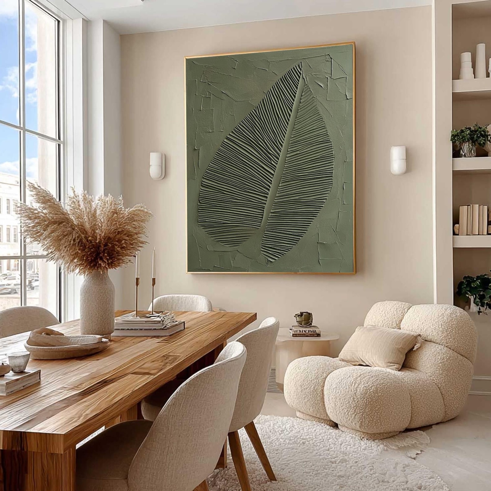 Abstract Sage Green Textured Wall Art, 3D Minimalist Leaf Painting ...