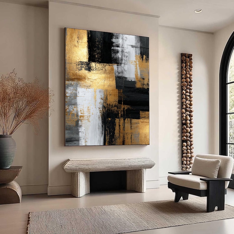 Black Gold Abstract Painting, Large Textured Wall Art, Modern ...