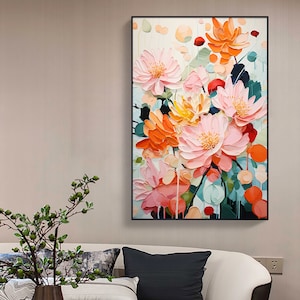 Minimalist Flower Oil Painting on Canvas,Large Wall Art Abstract Original Pink Floral Landscape Art Custom Painting Modern Living Room Decor