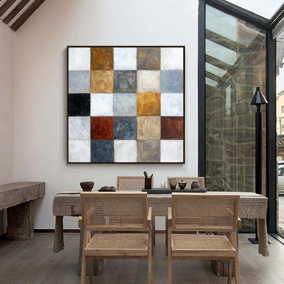 Textured Geometric Art, Large Abstract Painting on Canvas, Neutral Earth Tone Decor, Checkerboard Wall Art for Living Room,Modern Office Art