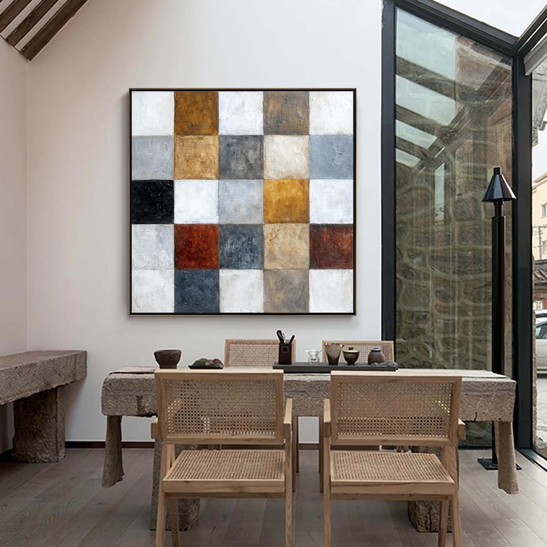 Textured Geometric Art, Large Abstract Painting on Canvas, Neutral Earth Tone Decor, Checkerboard Wall Art for Living Room, Modern Office Art