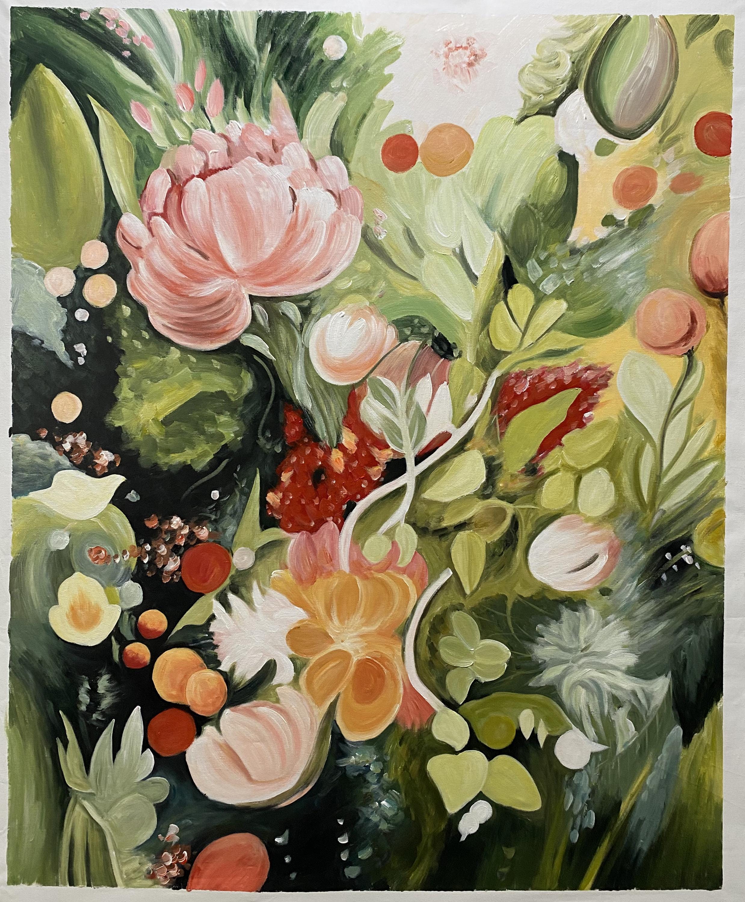 Original Green Flower Oil Painting Colorful Abstract Floral