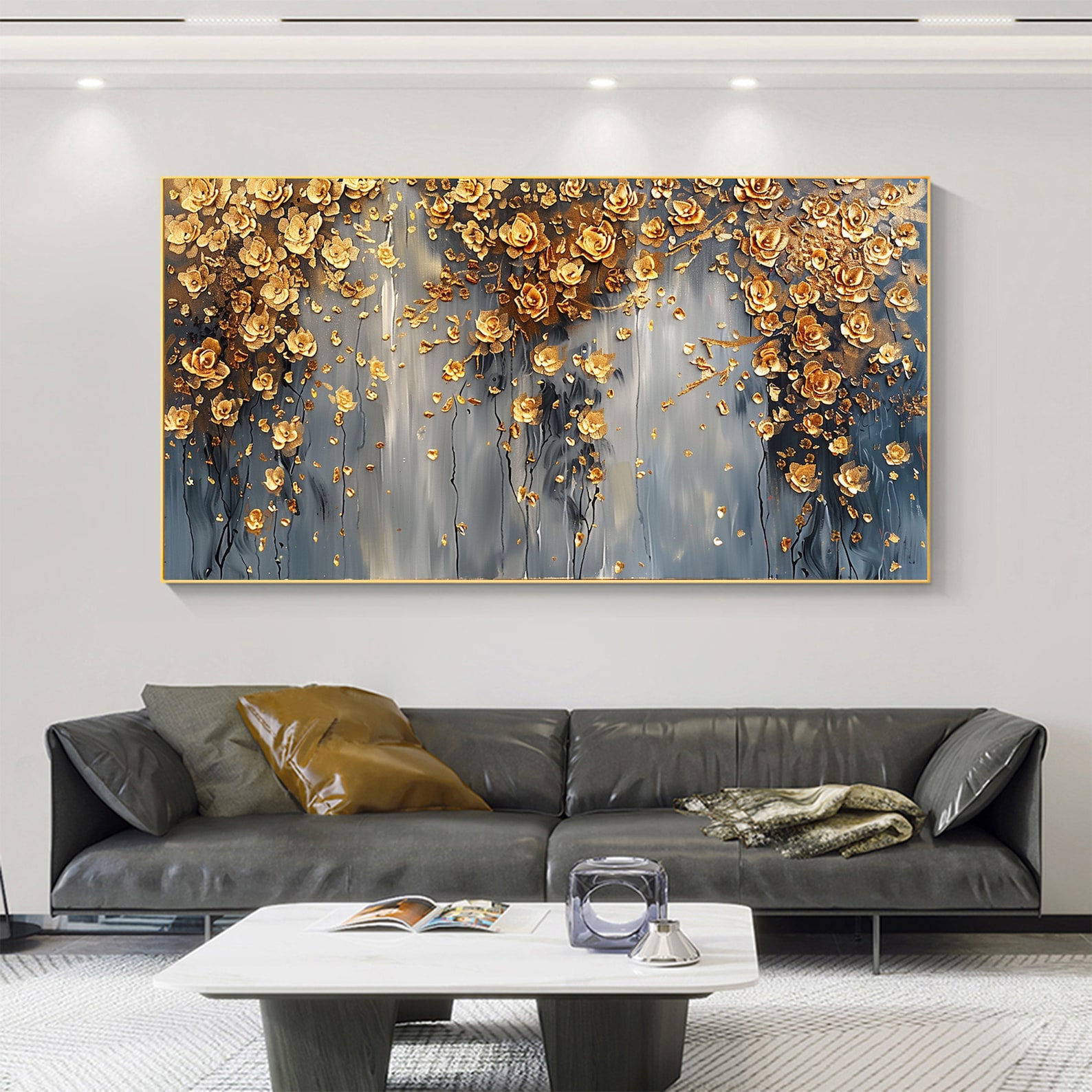Abstract Gold Flower Oil Painting on Canvas,large Wall Art Original ...