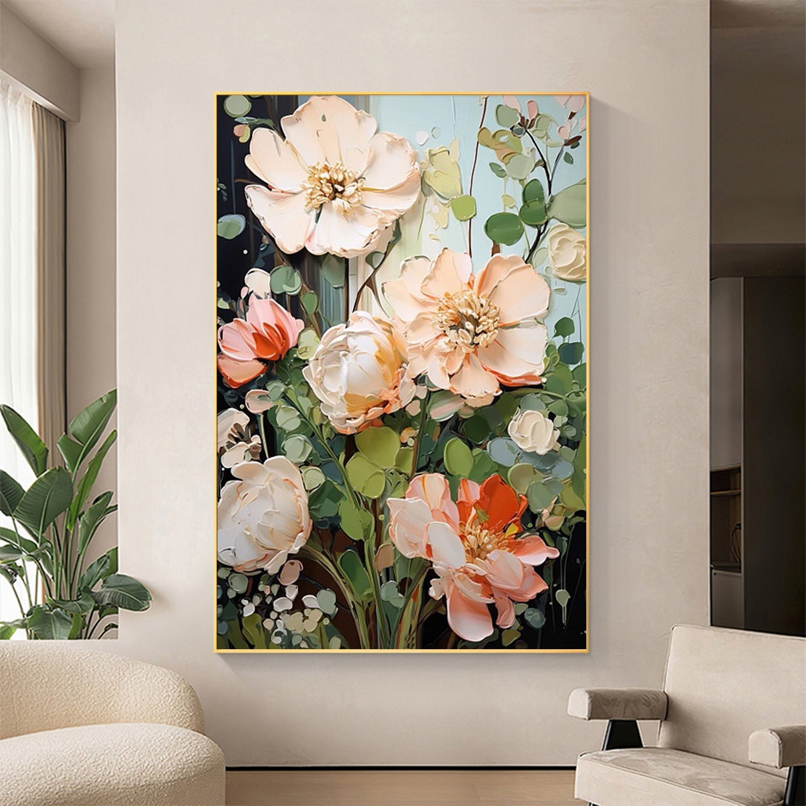 Abstract Flower Oil Painting on Canvas, Large Wall Art Original ...