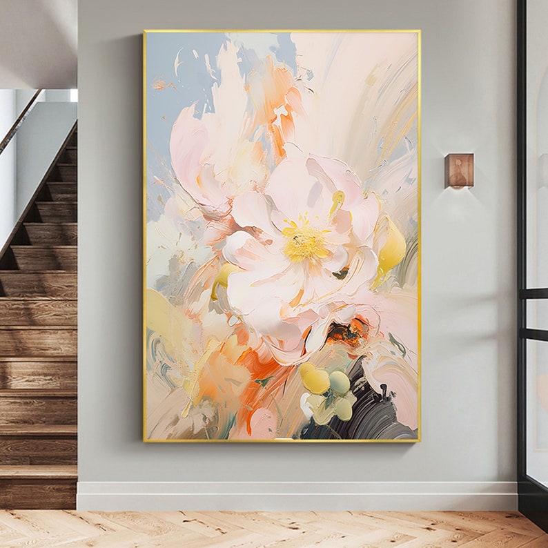 Minimalist Pink Flower Oil Painting on Canvas,Large Wall Art Abstract Original Floral Landscape Art Custom Painting Modern Living Room Decor