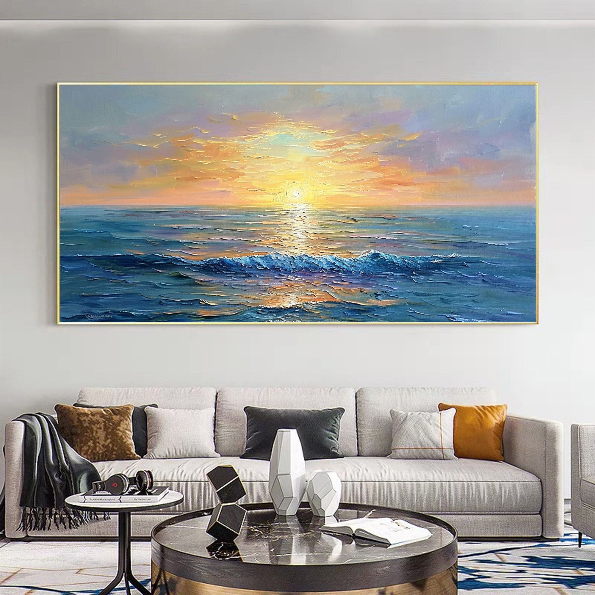 Original Sunset Seascape Oil Painting On Canvas, Large Wall Art, Abstract Yellow Ocean Landscape Painting, Custom Painting,Living Room Decor