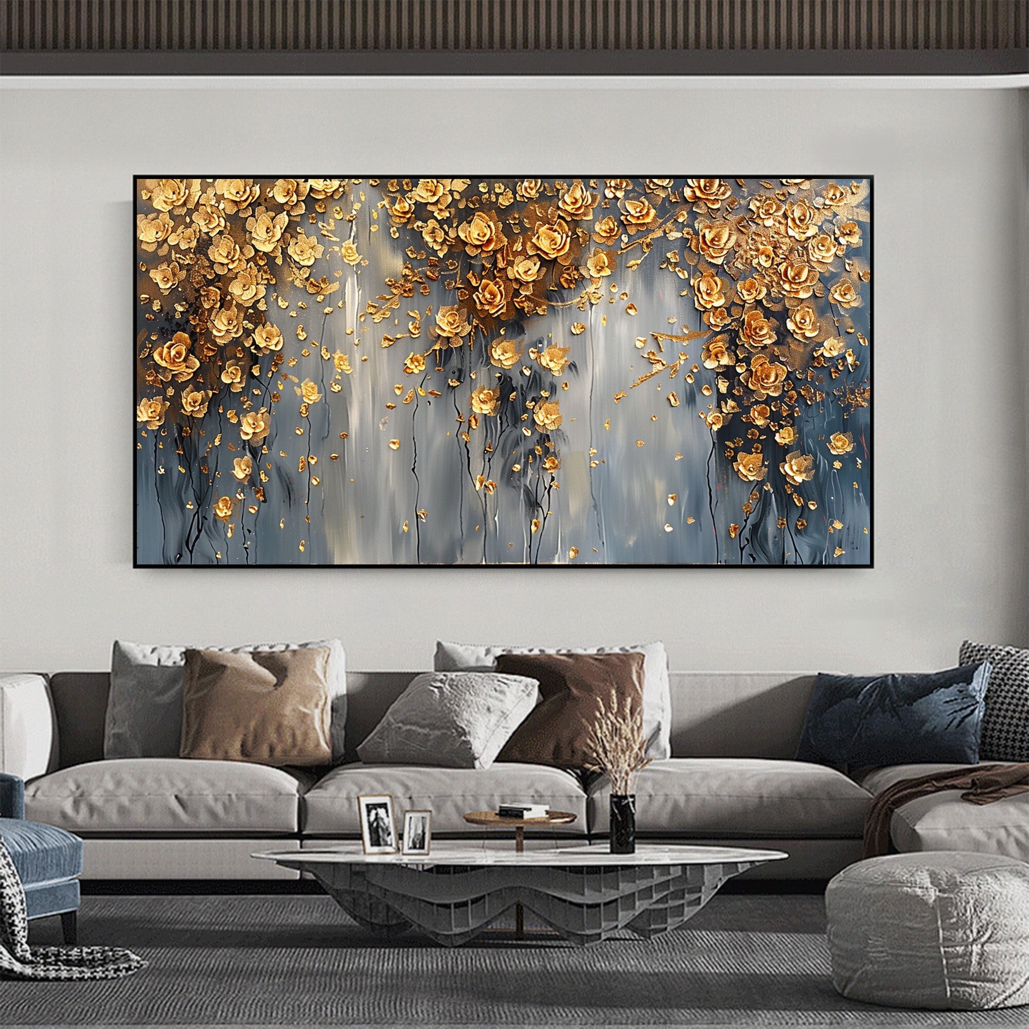 Abstract Gold Flower Oil Painting on Canvas,large Wall Art Original ...