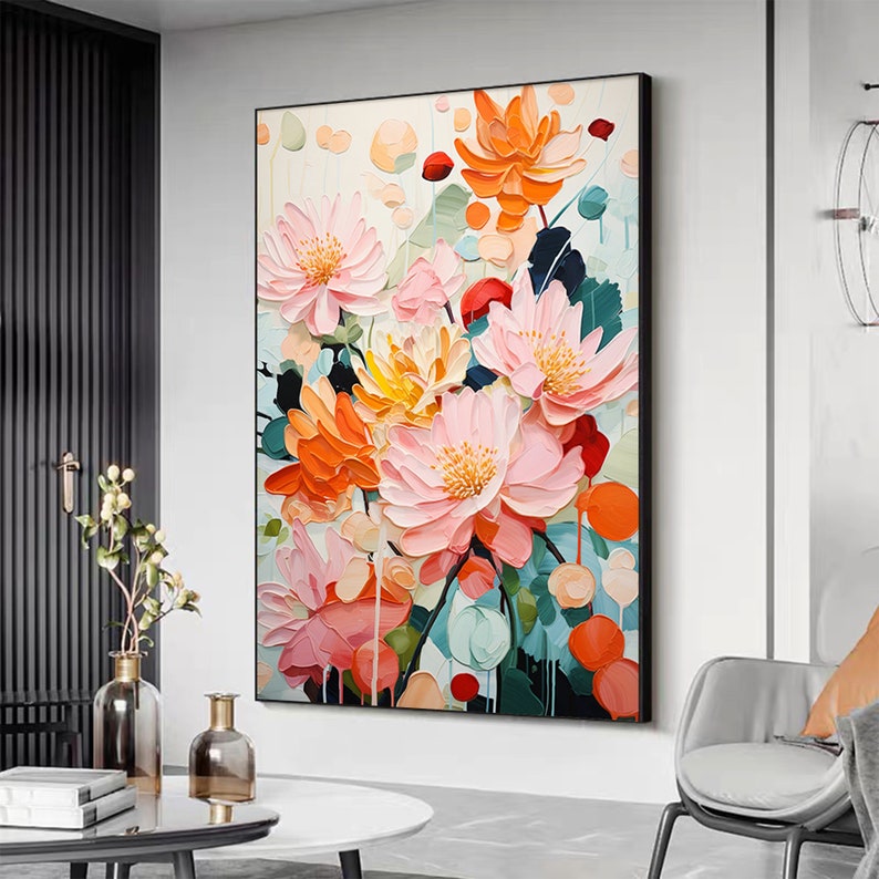 Minimalist Flower Oil Painting on Canvas,Large Wall Art Abstract Original Pink Floral Landscape Art Custom Painting Modern Living Room Decor