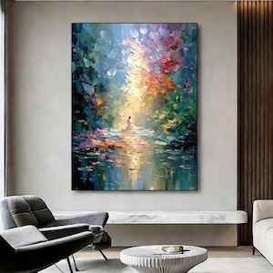 Impasto Forest Meditation Oil Painting, Golden Sunbeam Canvas Art, Spiritual Nature Scene, Textured Oil Paint, Modern Landscape Wall Decor
