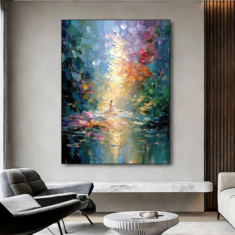 Impasto Forest Meditation Oil Painting, Golden Sunbeam Canvas Art, Spiritual Nature Scene, Textured Oil Paint, Modern Landscape Wall Decor