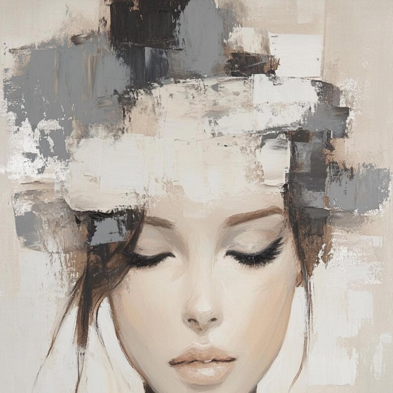 Abstract Woman Portrait Painting on Canvas, Textured Neutral Wall Art ...