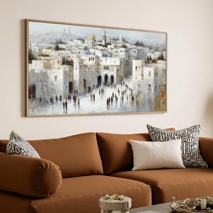 Capture the soul of Jerusalem with this textured oil painting—rich in architecture, history, and light. A stunning cityscape for collectors of Middle Eastern or modern impressionist art.