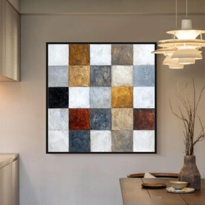 Textured Geometric Art, Large Abstract Painting on Canvas, Neutral Earth Tone Decor, Checkerboard Wall Art for Living Room, Modern Office Art