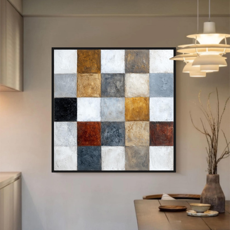 Textured Geometric Art, Large Abstract Painting on Canvas, Neutral Earth Tone Decor, Checkerboard Wall Art for Living Room, Modern Office Art