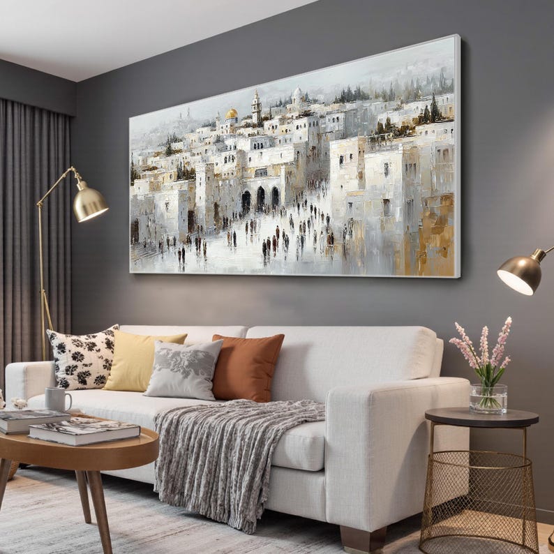 Capture the soul of Jerusalem with this textured oil painting—rich in architecture, history, and light. A stunning cityscape for collectors of Middle Eastern or modern impressionist art.