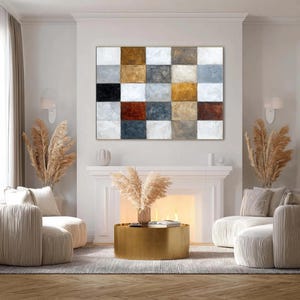 Textured Geometric Art, Large Abstract Painting on Canvas, Neutral Earth Tone Decor, Checkerboard Wall Art for Living Room, Modern Office Art