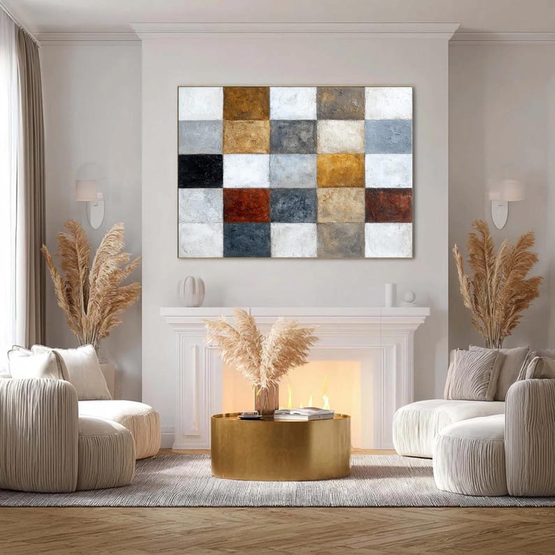 Textured Geometric Art, Large Abstract Painting on Canvas, Neutral Earth Tone Decor, Checkerboard Wall Art for Living Room, Modern Office Art