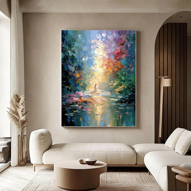 Impasto Forest Meditation Oil Painting, Golden Sunbeam Canvas Art, Spiritual Nature Scene, Textured Oil Paint, Modern Landscape Wall Decor