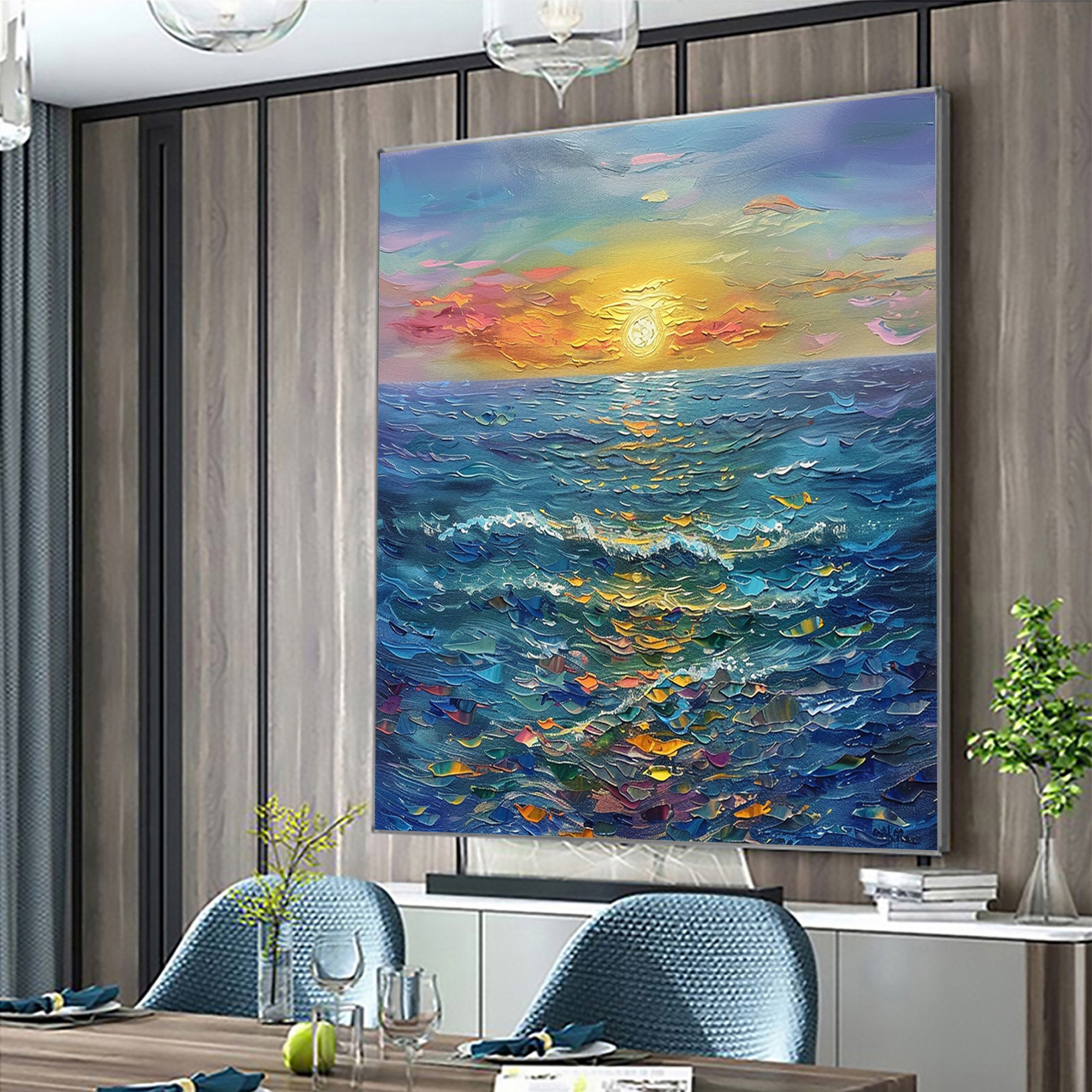 Original Sea Sunrise Oil Painting on Canvas Large Abstract Textured ...
