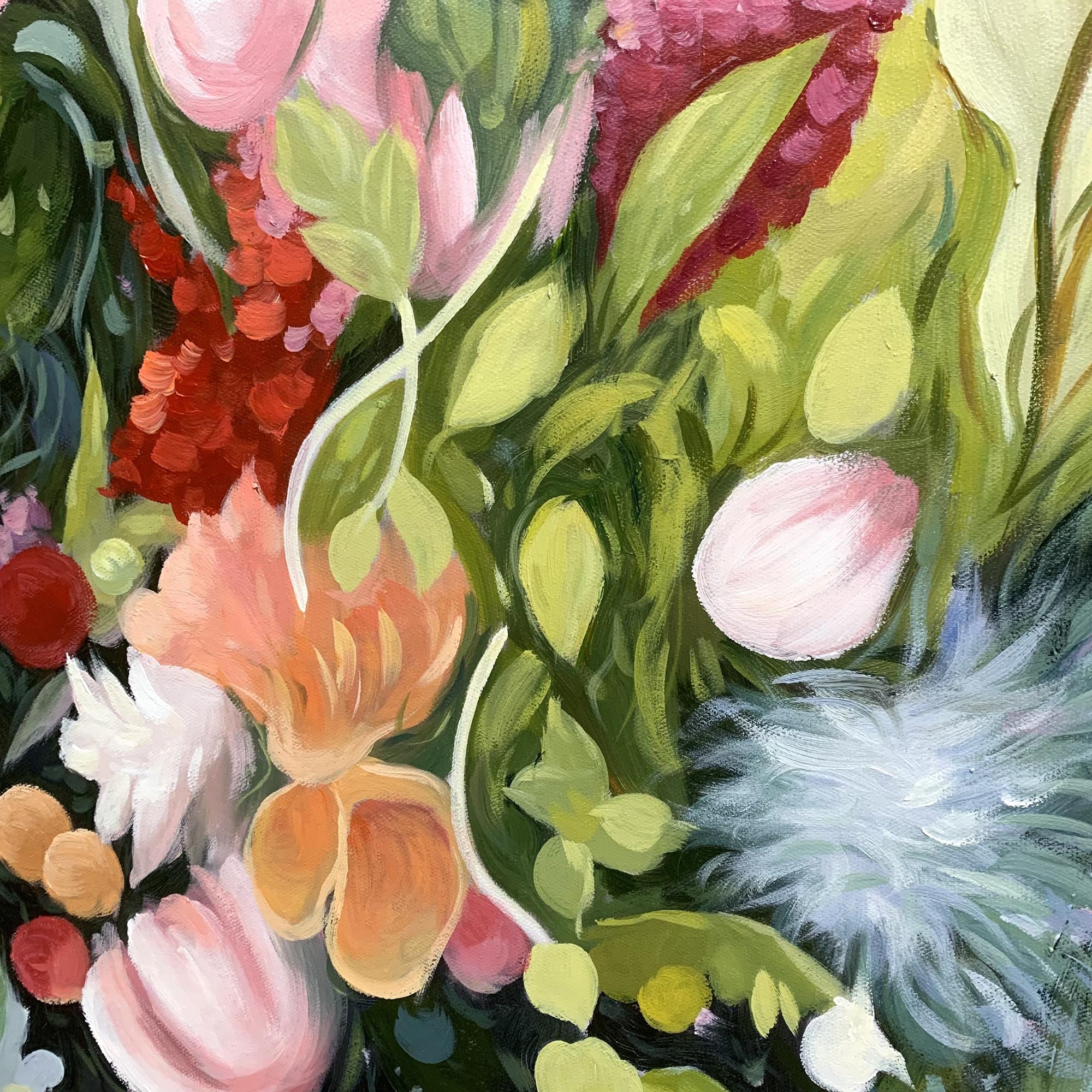 本格派ま！ Original Green Flower Oil Painting on Canvas, Abstract 絵画