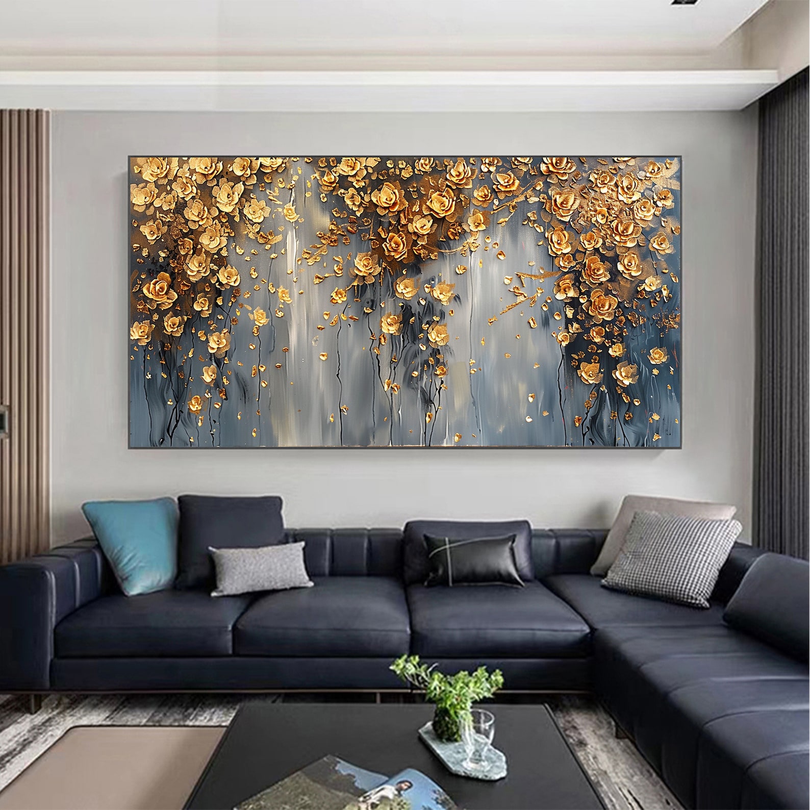 Abstract Gold Flower Oil Painting on Canvas,large Wall Art Original ...