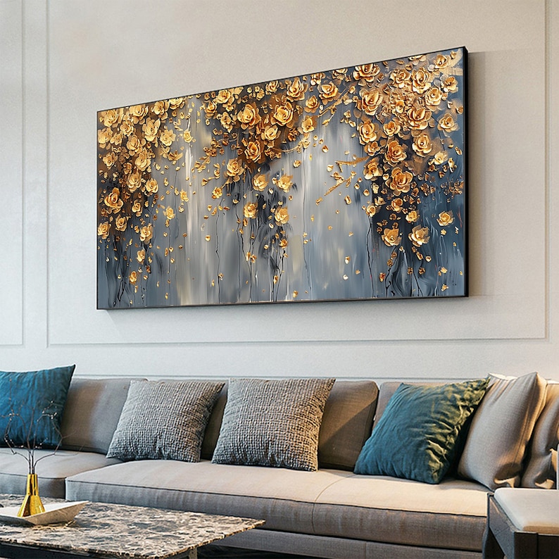 Abstract Gold Flower Oil Painting on Canvas,large Wall Art Original ...