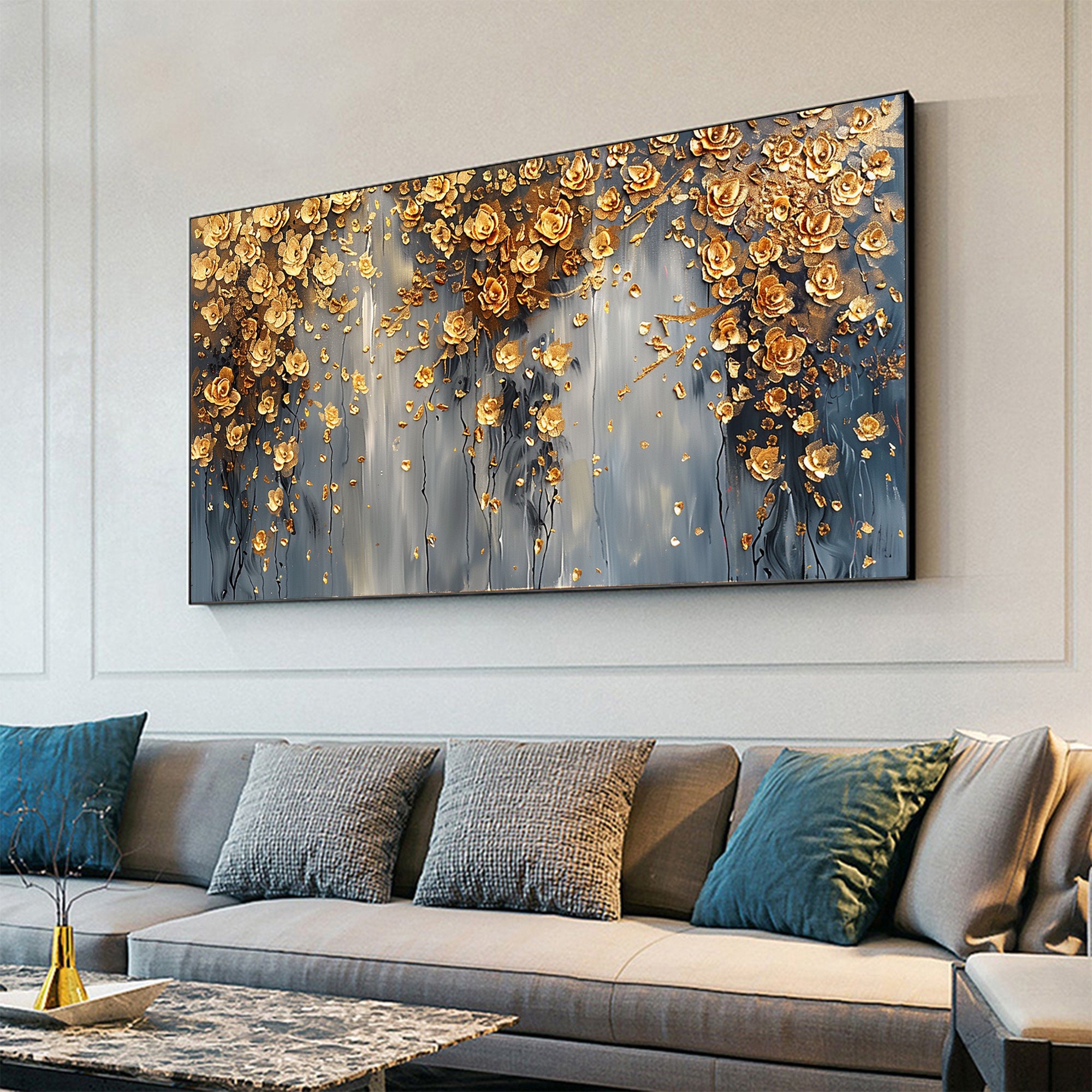 Abstract Gold Flower Oil Painting on Canvas,large Wall Art Original ...