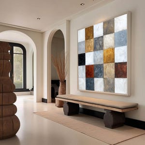 Textured Geometric Art, Large Abstract Painting on Canvas, Neutral Earth Tone Decor, Checkerboard Wall Art for Living Room, Modern Office Art