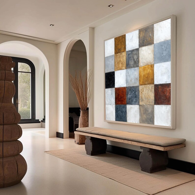 Textured Geometric Art, Large Abstract Painting on Canvas, Neutral Earth Tone Decor, Checkerboard Wall Art for Living Room, Modern Office Art