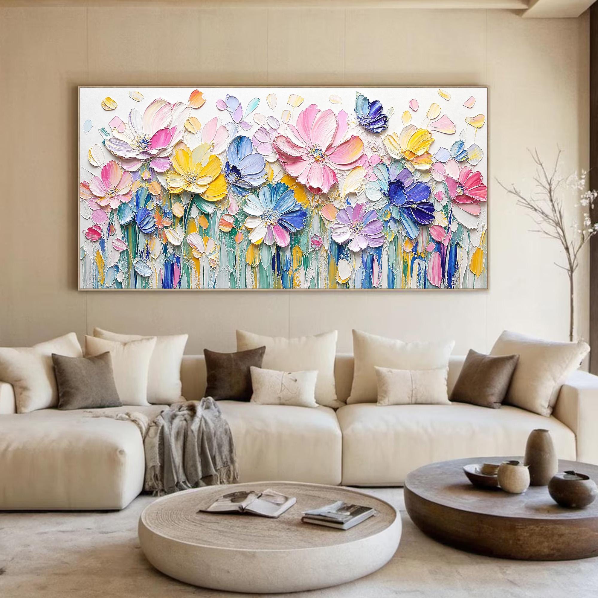 Colorful Floral Textured Wall Art Flower Garden Painting on Canvas