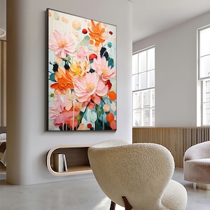 Minimalist Flower Oil Painting on Canvas,Large Wall Art Abstract Original Pink Floral Landscape Art Custom Painting Modern Living Room Decor