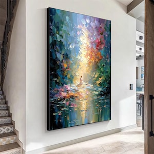 Impasto Forest Meditation Oil Painting, Golden Sunbeam Canvas Art, Spiritual Nature Scene, Textured Oil Paint, Modern Landscape Wall Decor