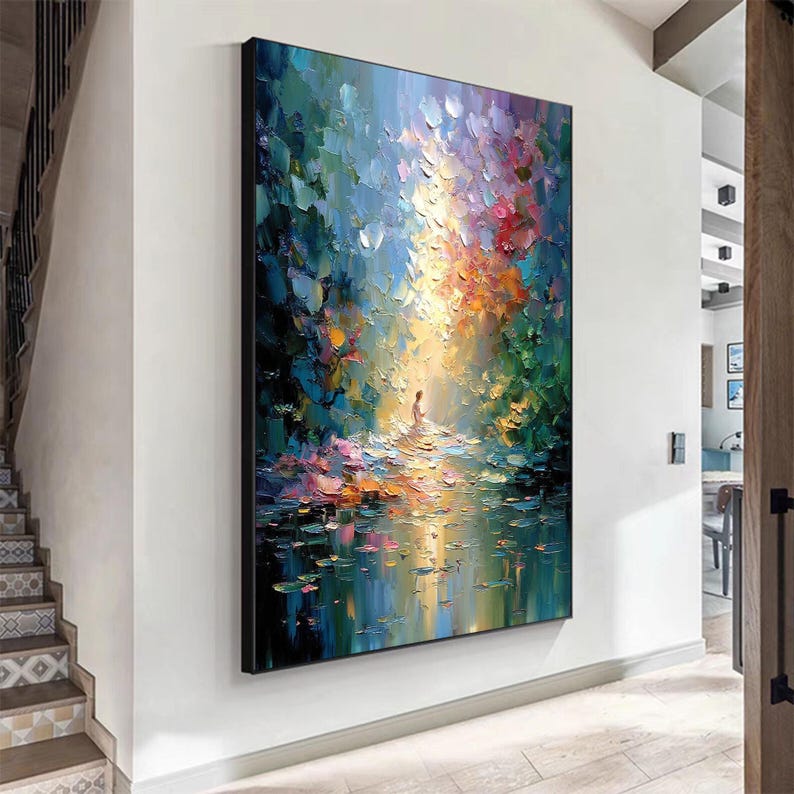 Impasto Forest Meditation Oil Painting, Golden Sunbeam Canvas Art, Spiritual Nature Scene, Textured Oil Paint, Modern Landscape Wall Decor