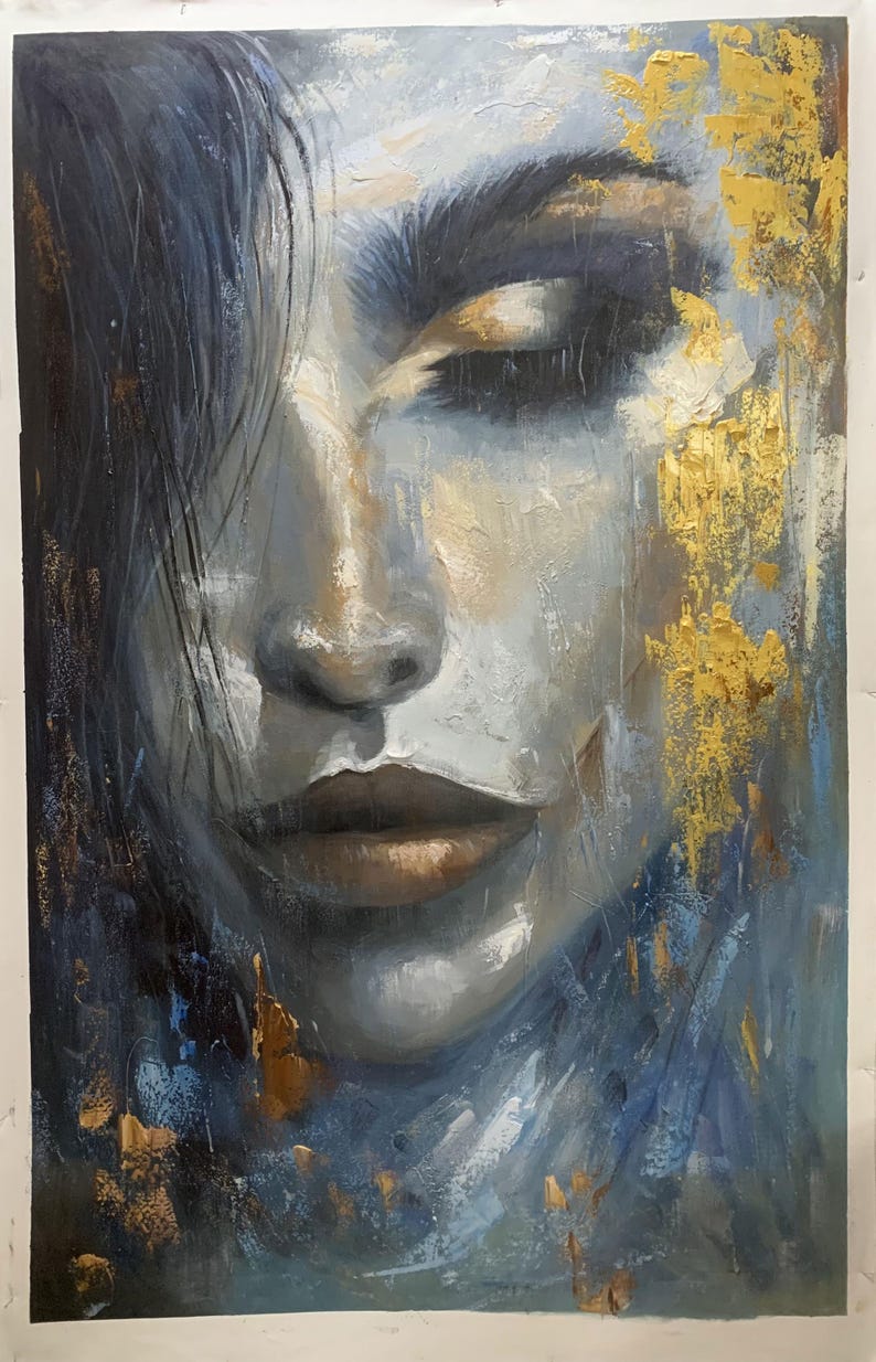 Abstract Beautiful Girl Face Oil Painting on Canvas Large Wall Art ...