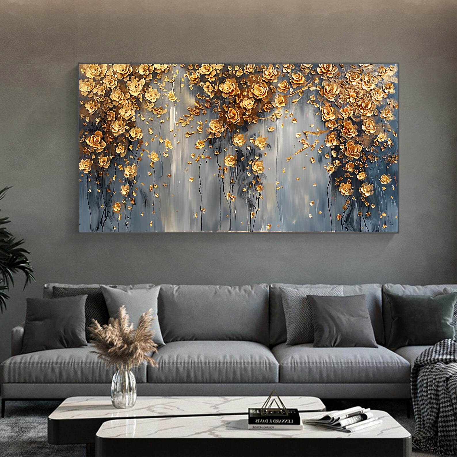 Abstract Gold Flower Oil Painting on Canvas,large Wall Art Original ...