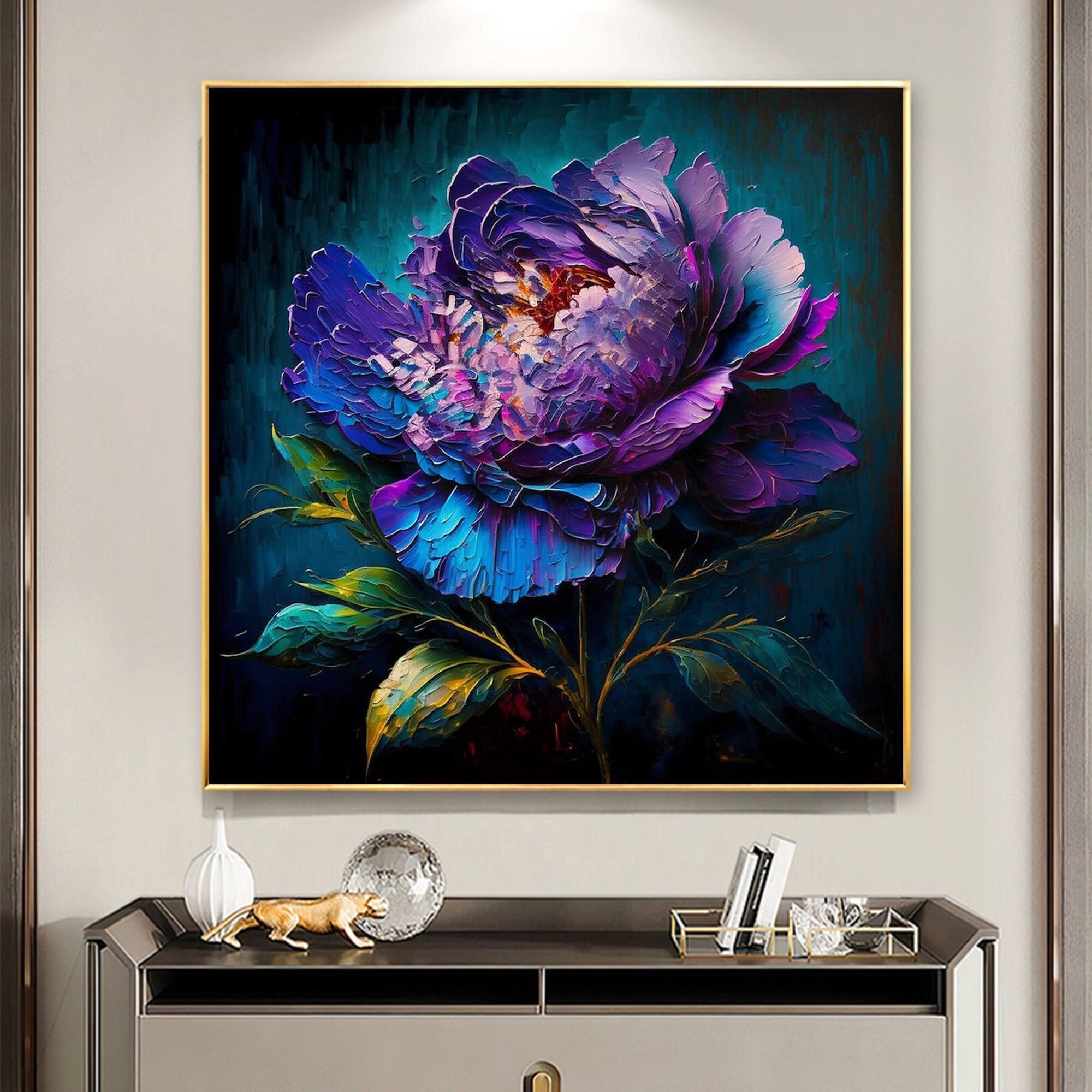 キャンバスに描かれた抽象的な紫色の花の油絵、オリジナル絵画、大きな 