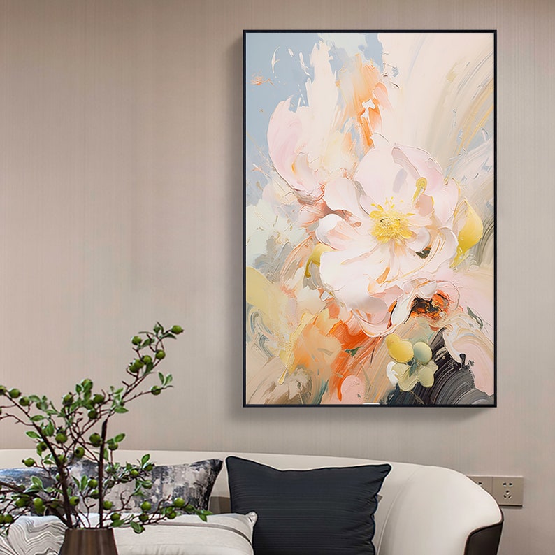 Minimalist Pink Flower Oil Painting on Canvas,Large Wall Art Abstract Original Floral Landscape Art Custom Painting Modern Living Room Decor