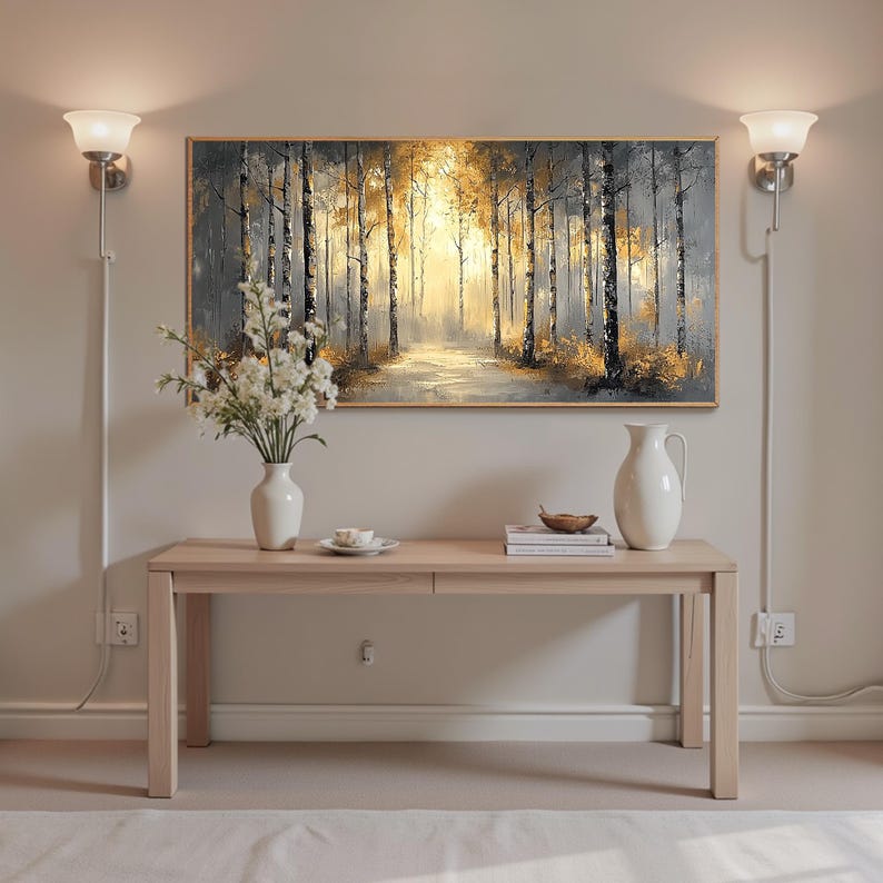 Original Gold Leaf Forest Oil Painting on Canvas, Large Wall Art ...