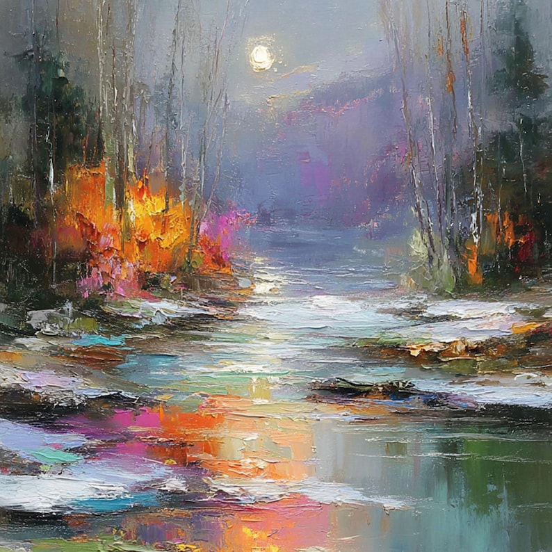 Abstract Landscape Oil Painting, Impasto River Art, Moonlit Forest Wall ...