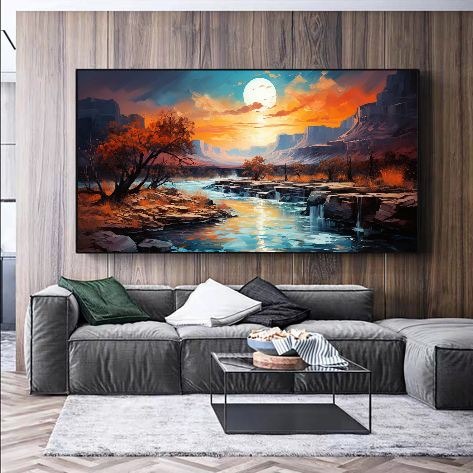 Abstract River Landscape Oil Painting on Canvas, Large Wall Art ...