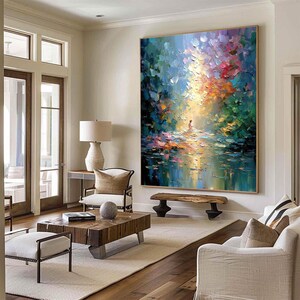 Impasto Forest Meditation Oil Painting, Golden Sunbeam Canvas Art, Spiritual Nature Scene, Textured Oil Paint, Modern Landscape Wall Decor