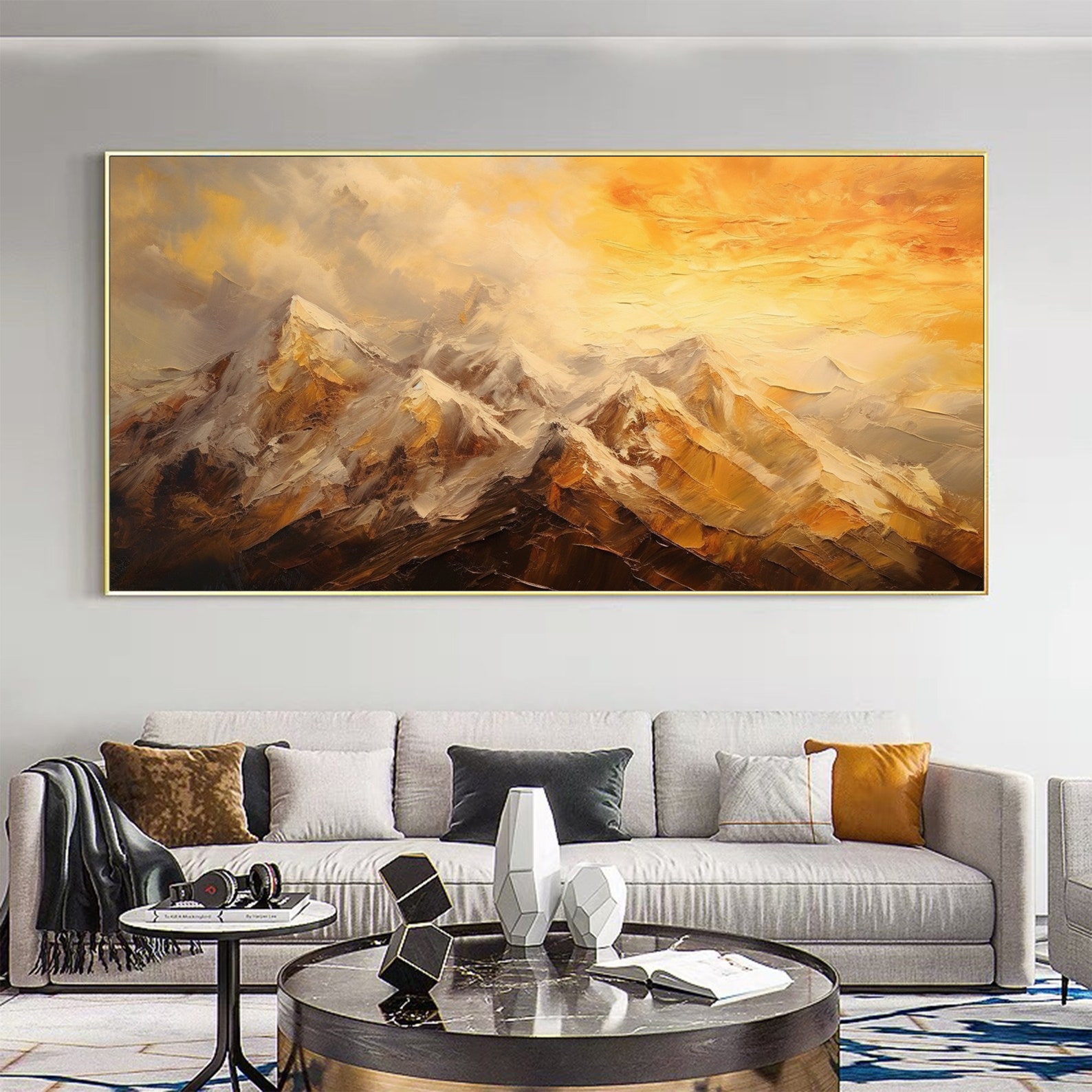 Abstract Golden Mountain Oil Painting on Canvas, Large Wall Art ...